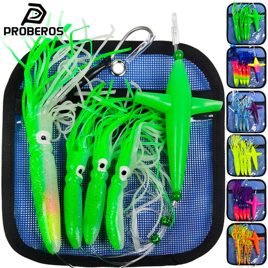 PROBEROS DW345 Trolling Lure Set with Rotating Bullet Head Propeller and Vivid Squid Skirt