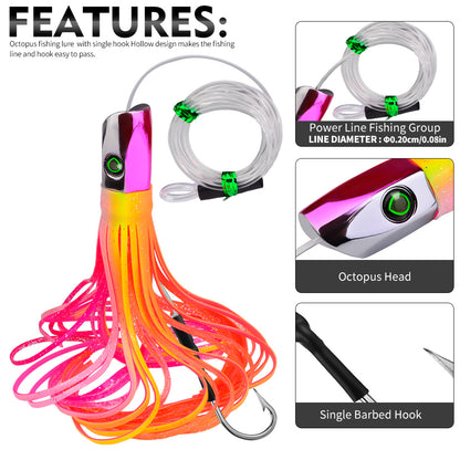 PROBEROS DW347 big game trolling lure features diagram showing pre-rigged line group, resin octopus head, and single barbed hook