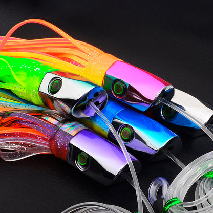 Close up of weighted resin head, 3D lifelike eyes and sharp stainless steel hook on PROBEROS lure