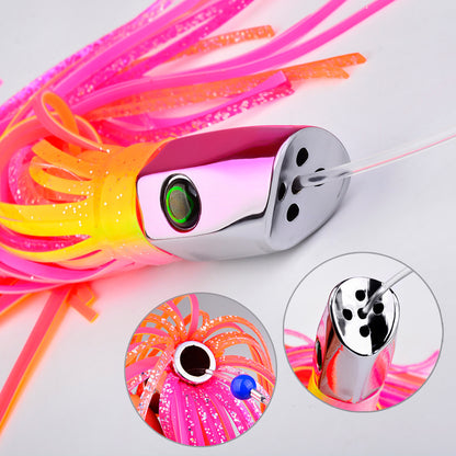 Close up of weighted resin head, 3D lifelike eyes and sharp stainless steel hook on PROBEROS lure