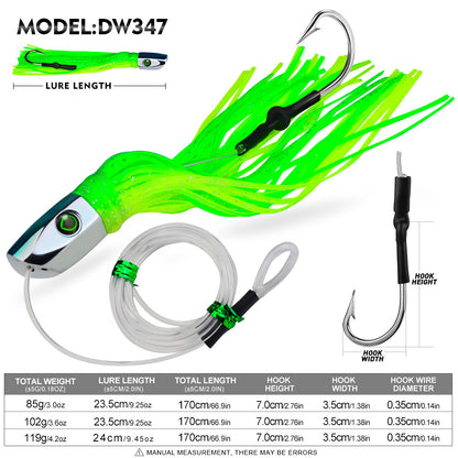Size and weight comparison chart for PROBEROS DW347 trolling lures 85g to 120g