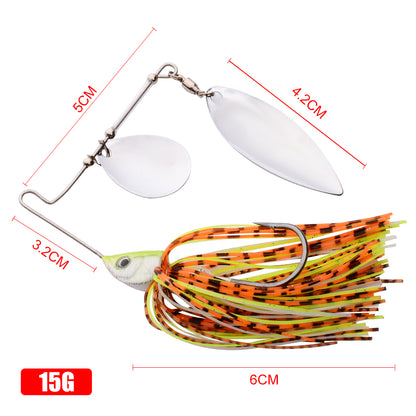 Close up of metallic dual spinner blades and swivels on PROBEROS DW374 lure