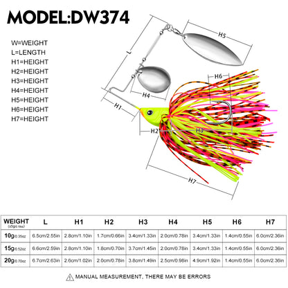 Size and weight chart for PROBEROS DW374 spinnerbait lures 10g 15g 20g