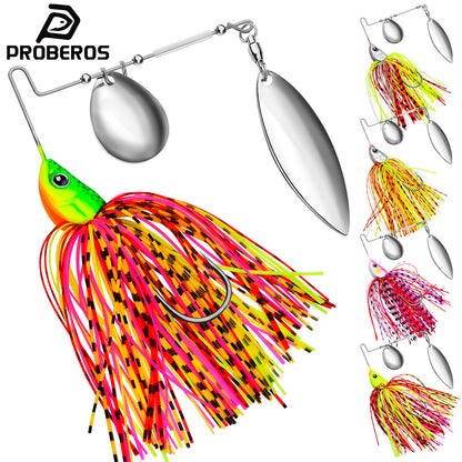 PROBEROS DW374 weedless dual blade spinnerbait lure with silicone skirt for bass fishing