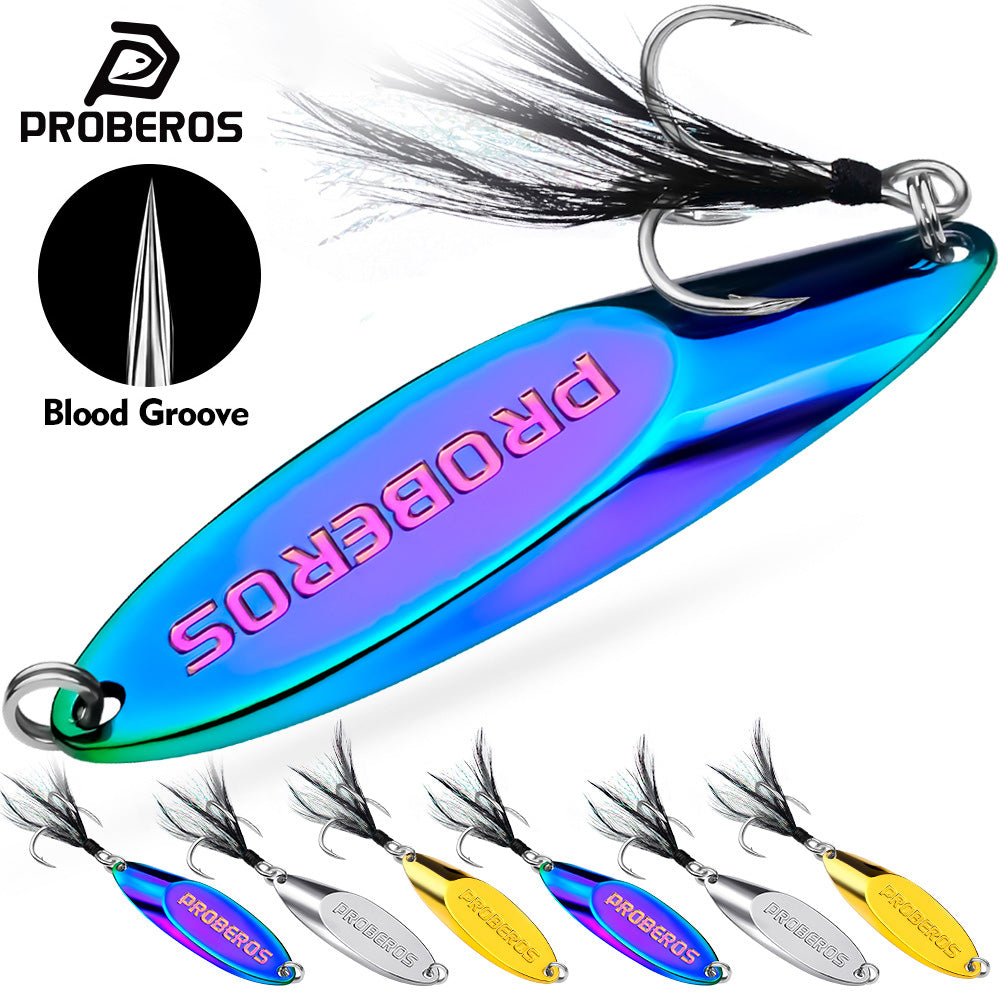Proberos DW603 metal spoon fishing lure with feather treble hook for bass trout
