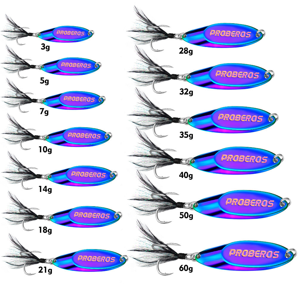 Size and weight chart from 3g to 60g for Proberos DW603 spoon lure