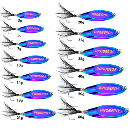 Size and weight chart from 3g to 60g for Proberos DW603 spoon lure
