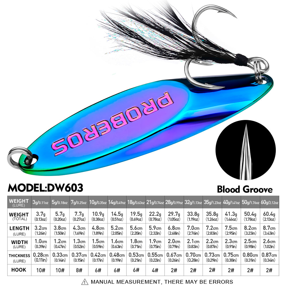 Size and weight chart from 3g to 60g for Proberos DW603 spoon lure