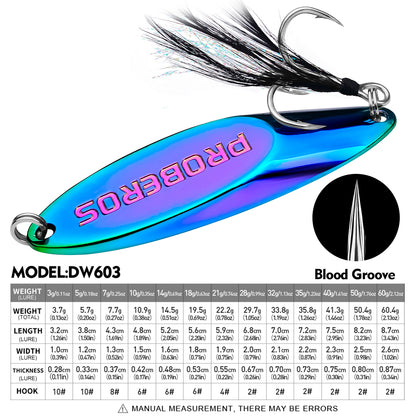 Size and weight chart from 3g to 60g for Proberos DW603 spoon lure