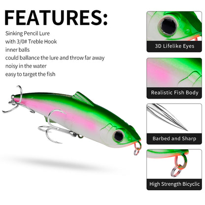 PROBEROS DW604 83g 19.5cm sinking VIB saltwater lure with three 3/0 treble hooks and realistic 3D eyes