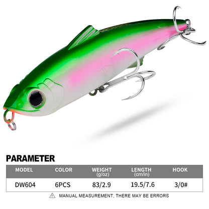 Specifications chart for PROBEROS DW604 sinking VIB bait showing 83g weight and 19.5cm length