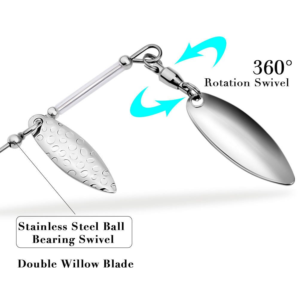Close-up of PROBEROS DW610 dual metal blades, 3D eye, and sharp steel hook