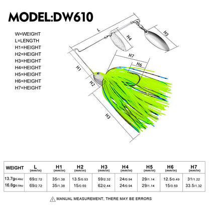 Size and weight specifications chart for PROBEROS DW610 spinnerbait 13.7g 16.8g