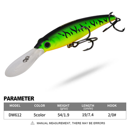 Specifications chart for PROBEROS DW612 sinking minnow lure showing 54g weight and 19cm length