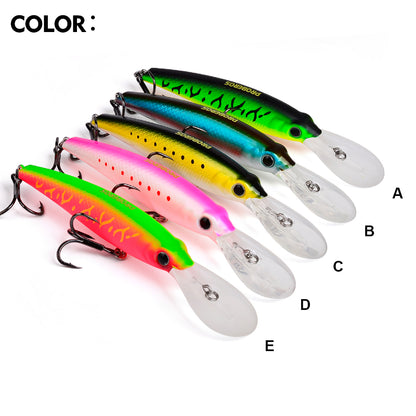 Five laser holographic color variations A B C D E of PROBEROS DW612 saltwater minnow fishing lure