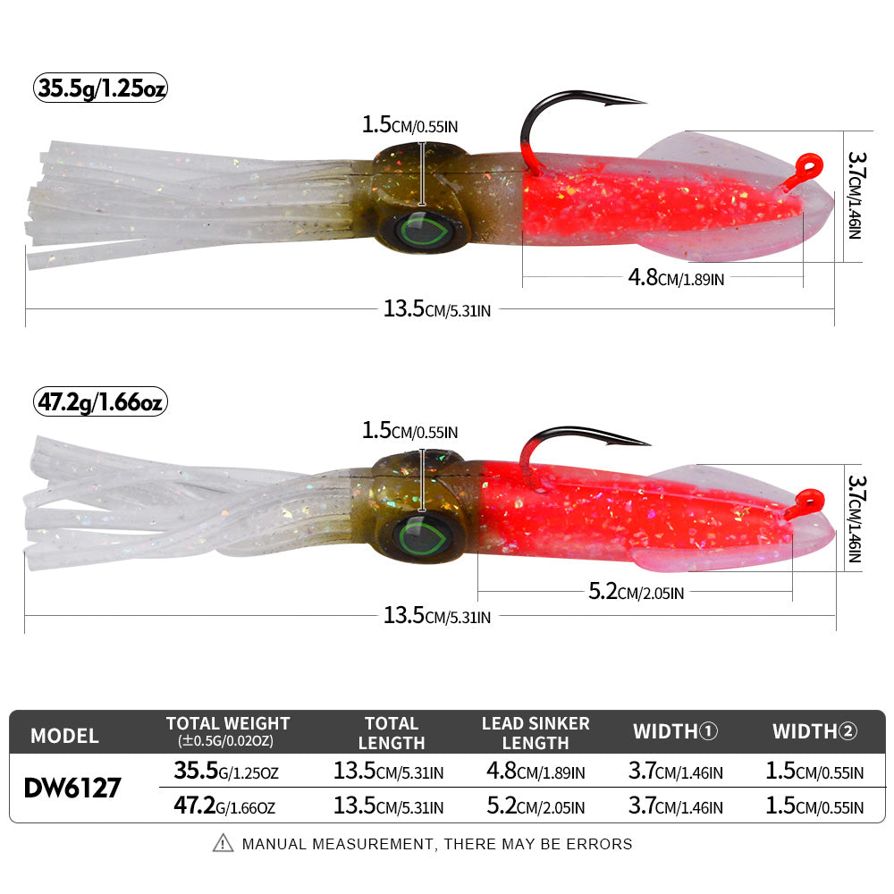 PROBEROS DW6127 squid soft lure dimension chart 13.5cm length with 35.5g and 47.2g weights
