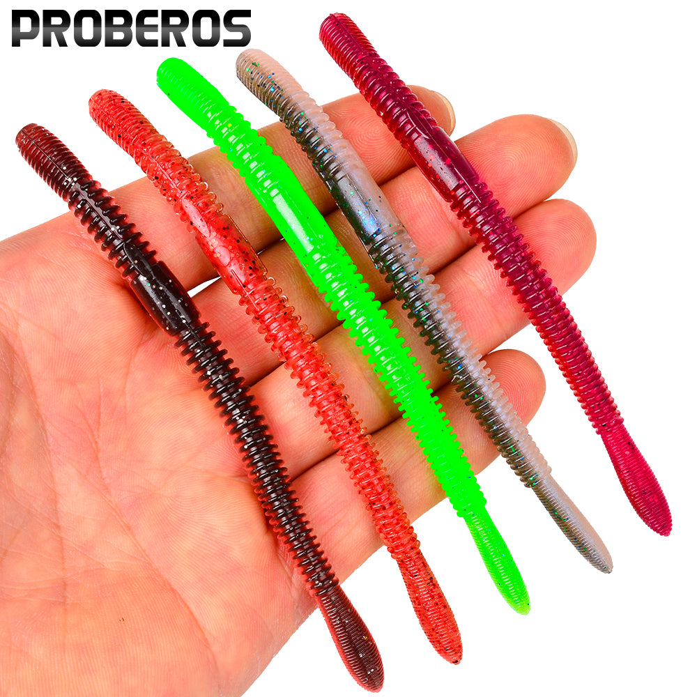PROBEROS DW6135 Ribbed Worm Soft Bait Salt Scented Earthworm Lure Colors
