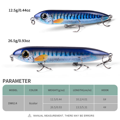 Specifications chart for PROBEROS DW614 pencil lure showing 12.5g 10.2cm and 26.5g 13.5cm options