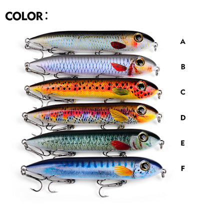 Six realistic color finishes A B C D E F of PROBEROS DW614 topwater pencil popper fishing lures
