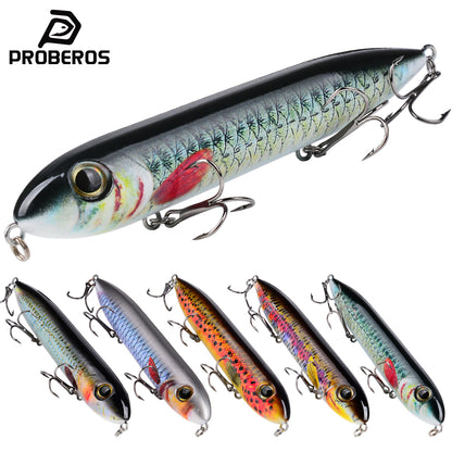 PROBEROS DW614 topwater pencil popper lure with realistic 3D eyes and treble hooks for surface fishing