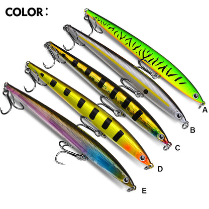 Five bright tiger stripe color variations A B C D E of PROBEROS DW617 topwater pencil fishing lure