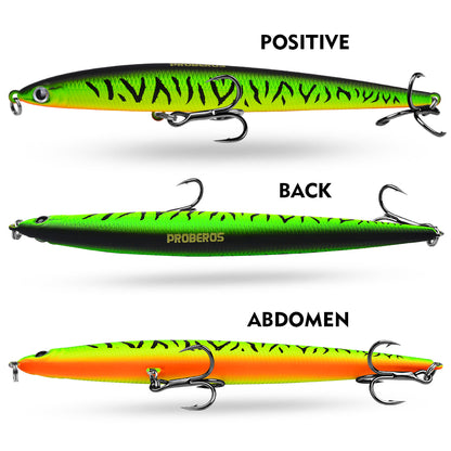 Slim pencil body profile design creating classic walk-the-dog surface action on PROBEROS DW617 hard bait