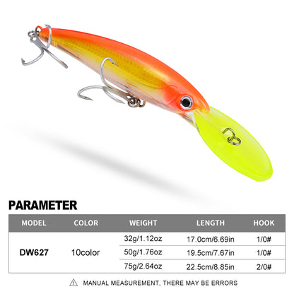 Specifications chart for PROBEROS DW627 deep diving minnow lure showing 32g 17cm, 50g 19.5cm, and 75g 22.5cm options
