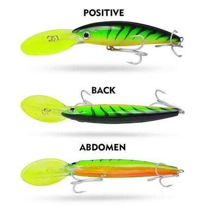 PROBEROS DW627 deep diving minnow lure with long diving lip and sharp treble hooks for offshore trolling