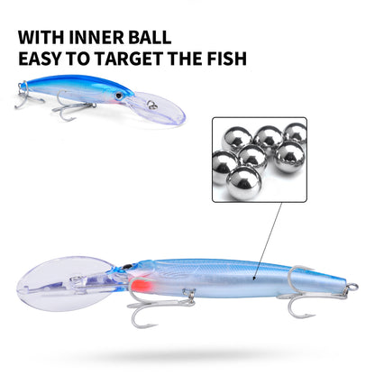 Floating action and internal noise steel ball rattle system of PROBEROS DW627 saltwater trolling lure