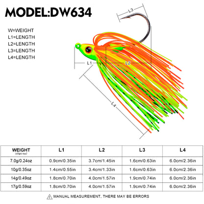 Size and weight specifications chart for PROBEROS DW634 spinnerbait lures from 7g to 17g