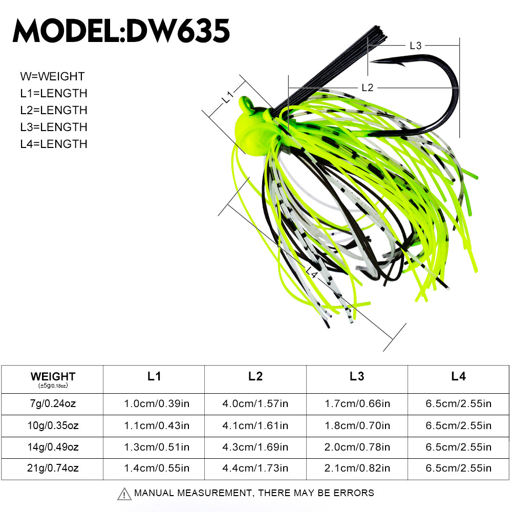 Proberos DW635 spinnerbait size weight chart 7g 10g 14g 21g
