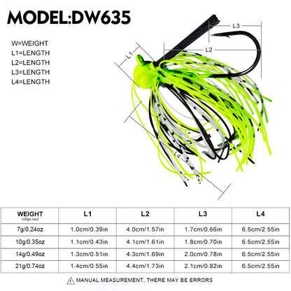 Proberos DW635 spinnerbait size weight chart 7g 10g 14g 21g
