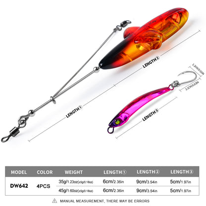 Specifications chart for PROBEROS DW642 spinner bait rig showing 35g and 45g weight options and 9cm length