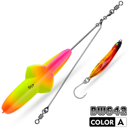 Close-up of shiny spinner blade and heavy duty stainless steel swivel leader on PROBEROS DW642 fishing rig