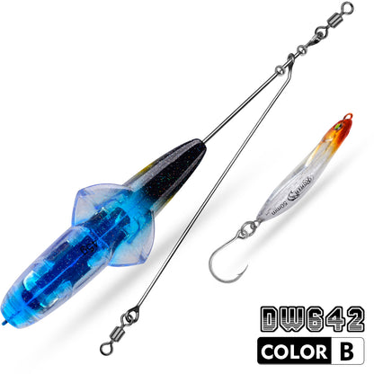 High-density lead head and soft bait trailer with sharp carbon steel hook on PROBEROS DW642 spinner rig