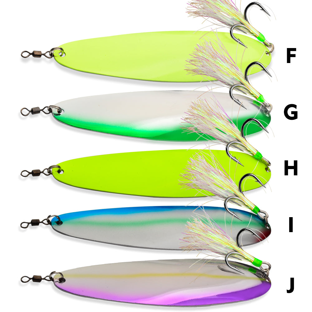 All 10 reflective color options A to J for PROBEROS DW652 metal spoon lure