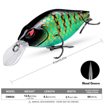 Specifications chart for PROBEROS DW654 crankbait fishing lure showing 14.9g weight and 8.3cm length