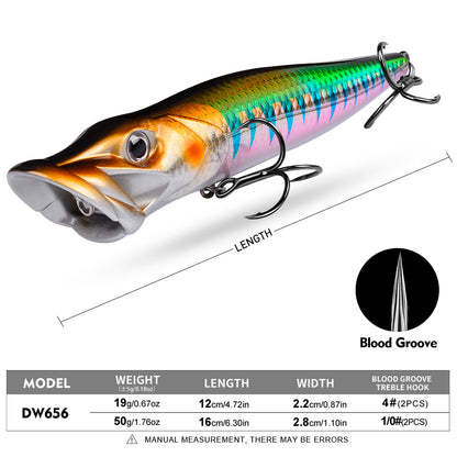 Specifications chart for PROBEROS DW656 topwater popper bait showing 19g 12cm and 50g 16cm options