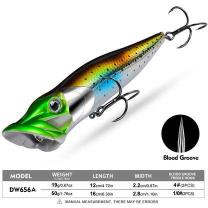 PROBEROS DW656 topwater popper fishing lure with wide open mouth and blood groove treble hooks