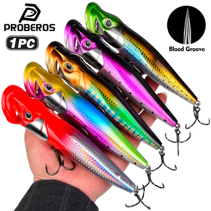 PROBEROS DW656 topwater popper fishing lure with wide open mouth and blood groove treble hooks