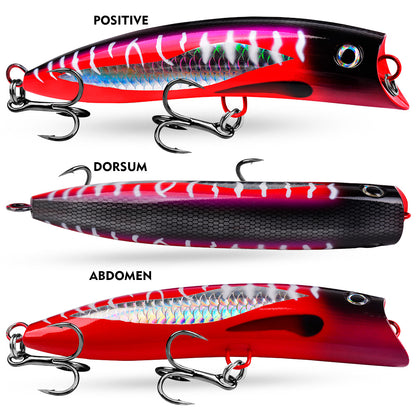 Close-up of concave open mouth structure on PROBEROS DW657 popper lure creating big splash and popping sound