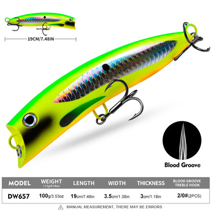 Specifications chart for PROBEROS DW657 surface popper lure showing 100g weight and 19cm length