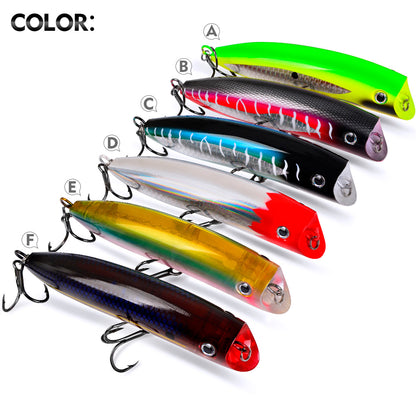 Six laser holographic color variations A B C D E F of PROBEROS DW657 saltwater popper fishing lure