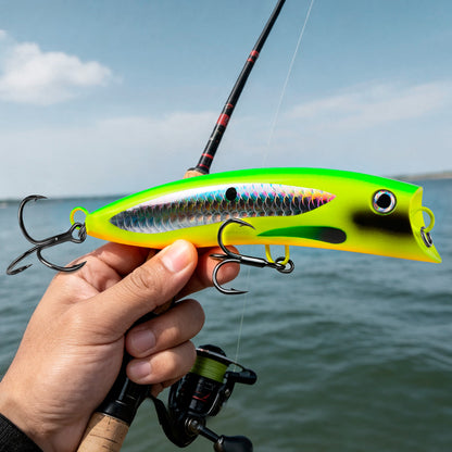 PROBEROS DW657 100g 19cm topwater popper lure with concave open mouth and sharp blood groove treble hooks