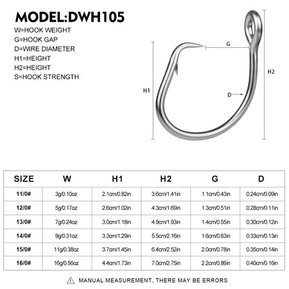 PROBEROS DWH105 offshore predator single fishhook size 11-0-14-0 with matte tin plating