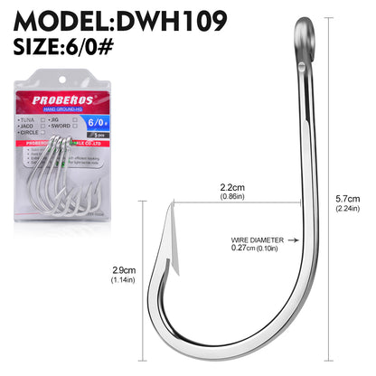 PROBEROS DWH109 heavy duty single saltwater fishhook size 6-0 closeup and dimensions