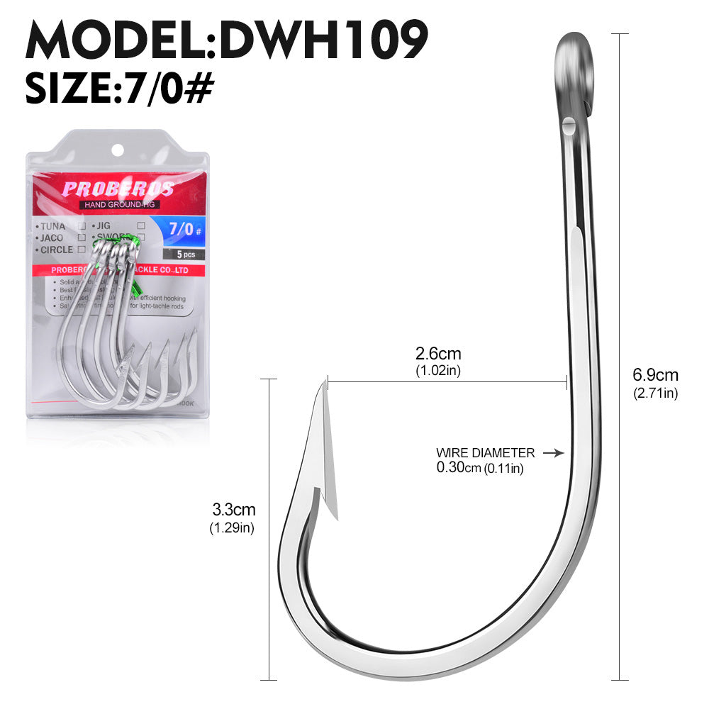 PROBEROS DWH109 heavy duty single saltwater fishhook size 7-0 closeup and dimensions