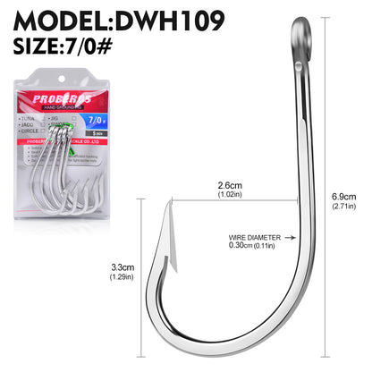 PROBEROS DWH109 heavy duty single saltwater fishhook size 7-0 closeup and dimensions