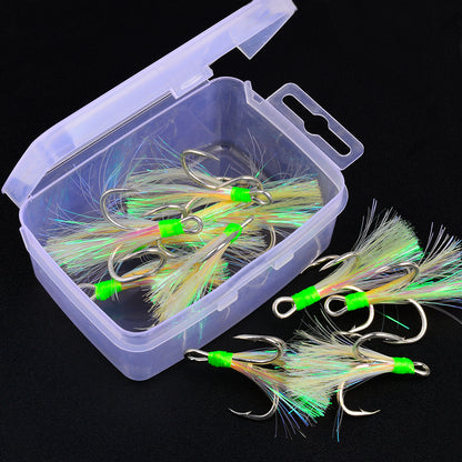 PROBEROS 10PCS Boxed Feathered Treble Hooks with Flash Skirts