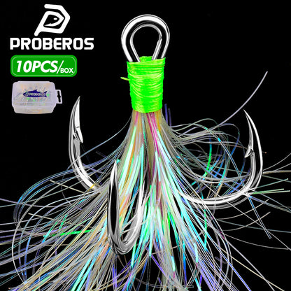 PROBEROS 10PCS Boxed Feathered Treble Hooks with Flash Skirts